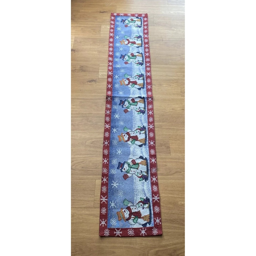 Snowman Tapestry Table Runner Christmas 72x13 Blue Red Holiday Decor